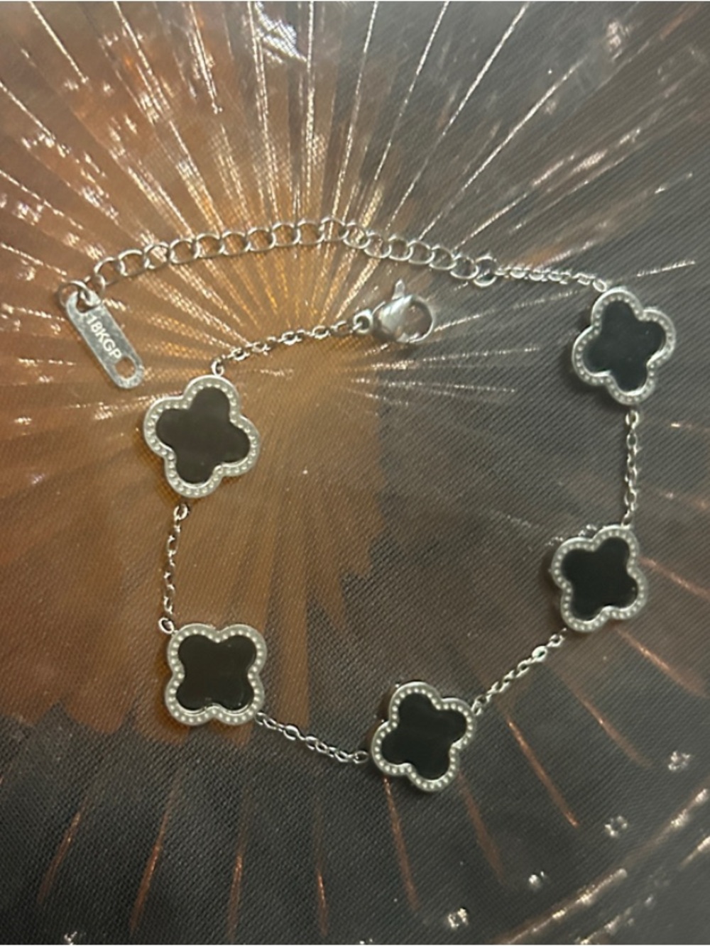 Black Four Leaf Clover Bracelet 18k White Gold Plated